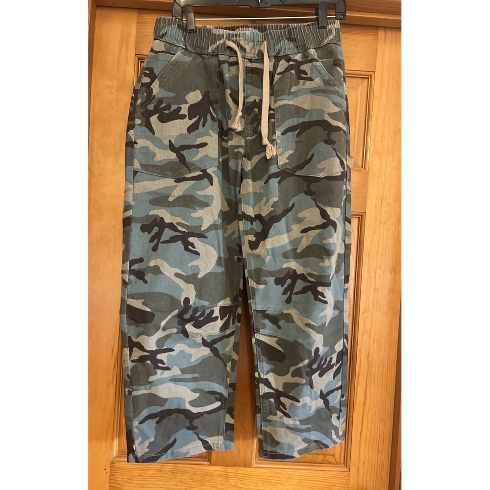 Flamingals Women's Wide Leg Jeans Camo Barrel Leg Cropped Drawstring Sz Large